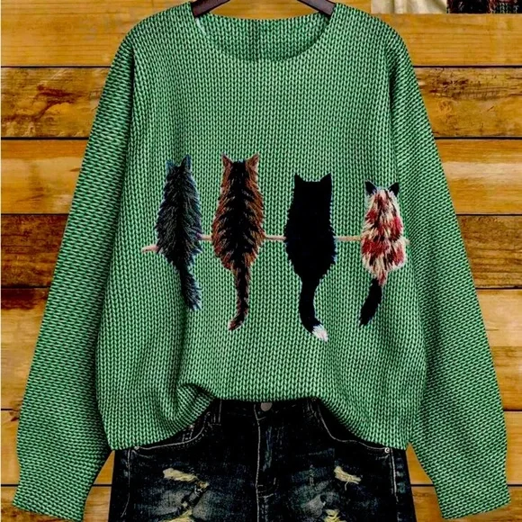 Cat Pattern Round Neck Long Sleeve Casual Pullover Sweater, Autumn/Winter - Picture 2 of 2